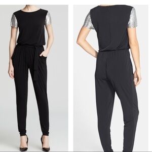 Michael Kors Black Metallic Mesh Sleeve Jumpsuit Size XS